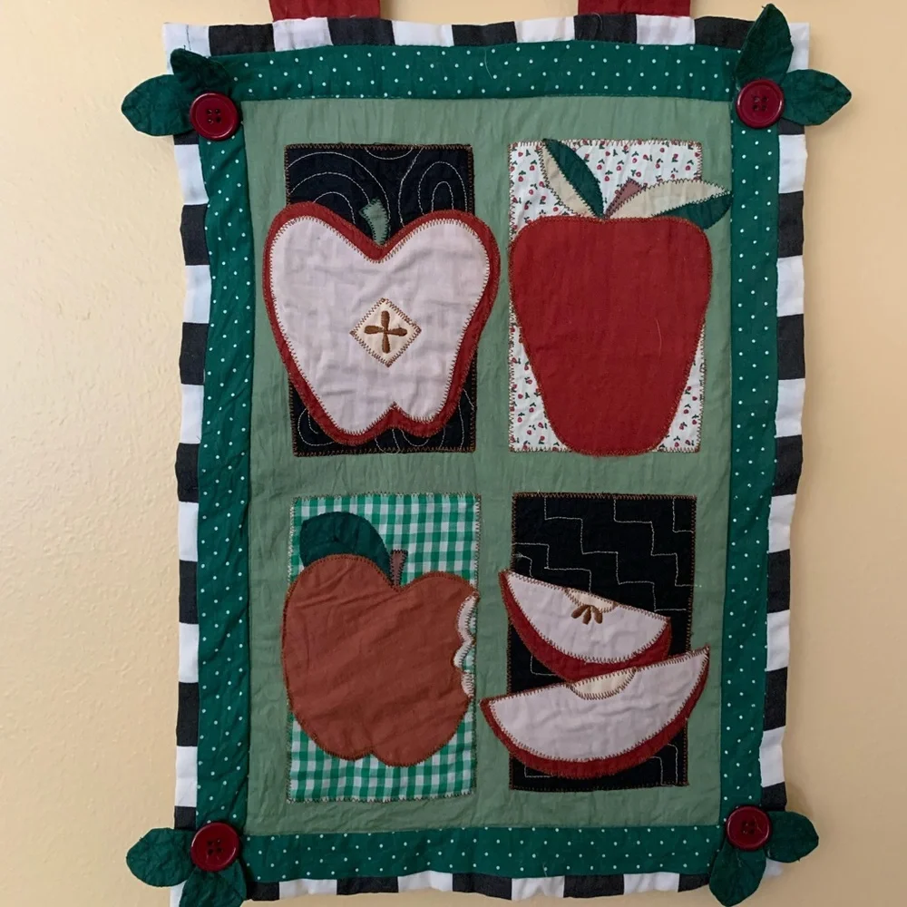 Quilted Wall Hanging with Apples Appliqués and patterned fabric - Vintage
